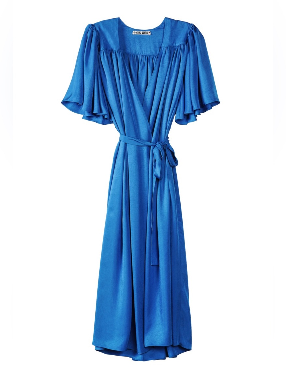 Ciao Lucia Serafina Satin Tie Wrap Midi Dress Flutter Short Sleeve V Lapis Blue - Picture 2 of 11
